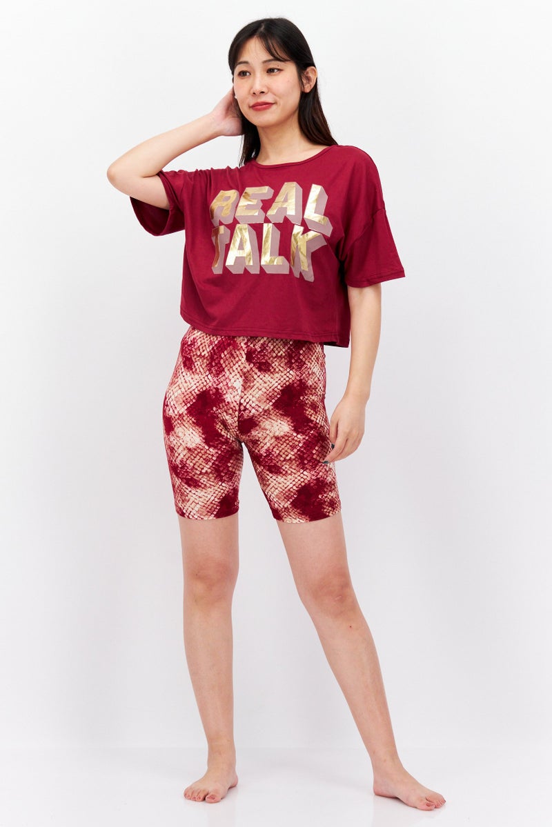 Women 2 Pcs Metallic Pyjama Set, Maroon Combo