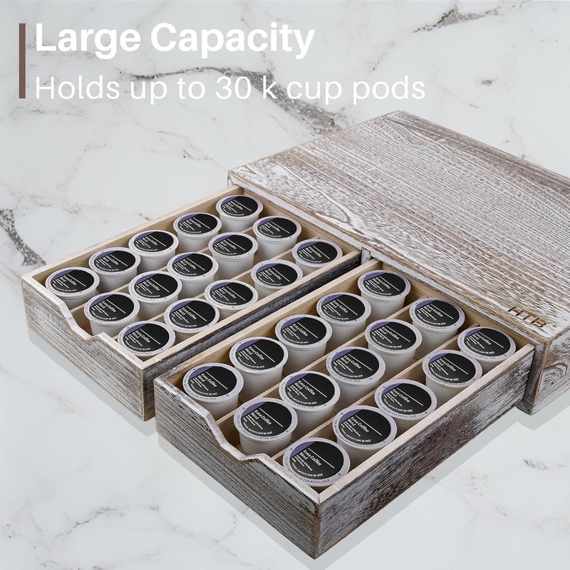 HTB K Cup Holder Compatible with K Cups, Coffee Pod Holder Holds Up 30 Cups, K Cup Organizer Storage Drawer Wood K Cup Drawer Vintage White - Image 4