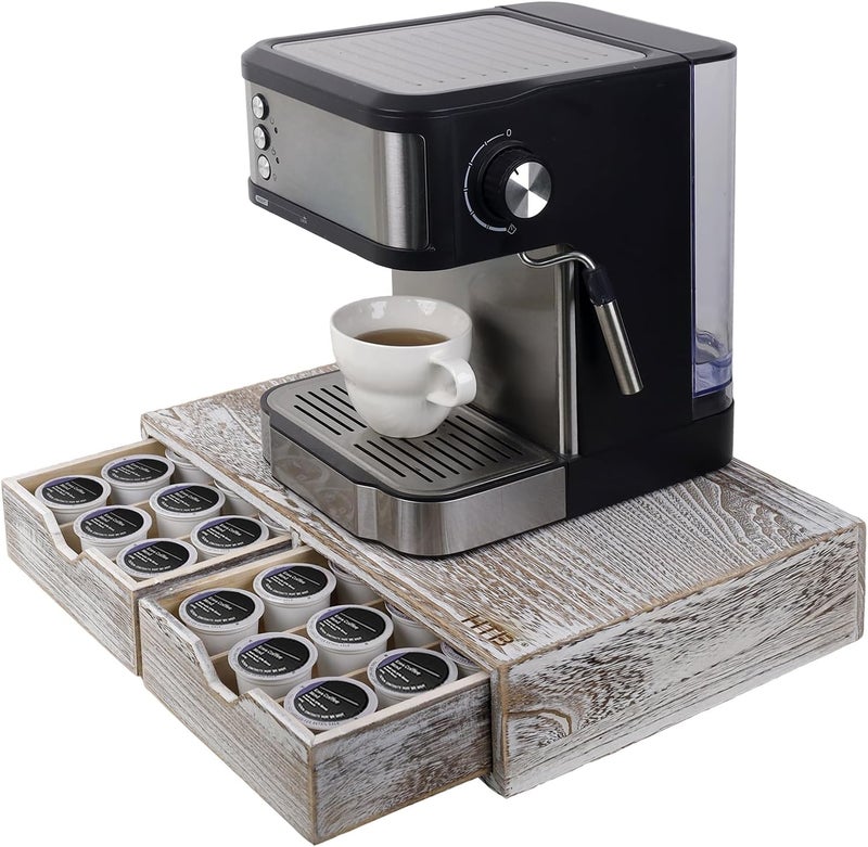 HTB K Cup Holder Compatible with K Cups, Coffee Pod Holder Holds Up 30 Cups, K Cup Organizer Storage Drawer Wood K Cup Drawer Vintage White - Image 1
