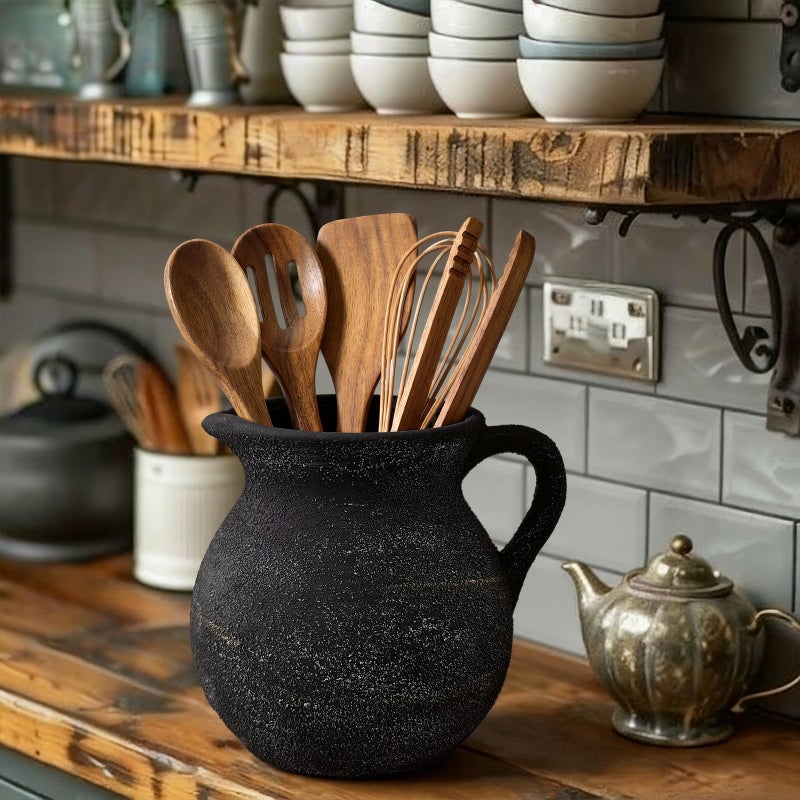 Potchen Rustic Kitchen Utensil Holder with Handle,7.48" H Ceramic Vintage Utensil Crock for Countertop, Farmhouse Kitchen Decoration Ceramic Pot for Spatulas Spoons Tongs(Classic,Antique Black Gold) - Image 2