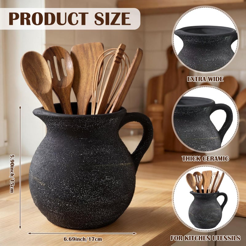 Potchen Rustic Kitchen Utensil Holder with Handle,7.48" H Ceramic Vintage Utensil Crock for Countertop, Farmhouse Kitchen Decoration Ceramic Pot for Spatulas Spoons Tongs(Classic,Antique Black Gold) - Image 3