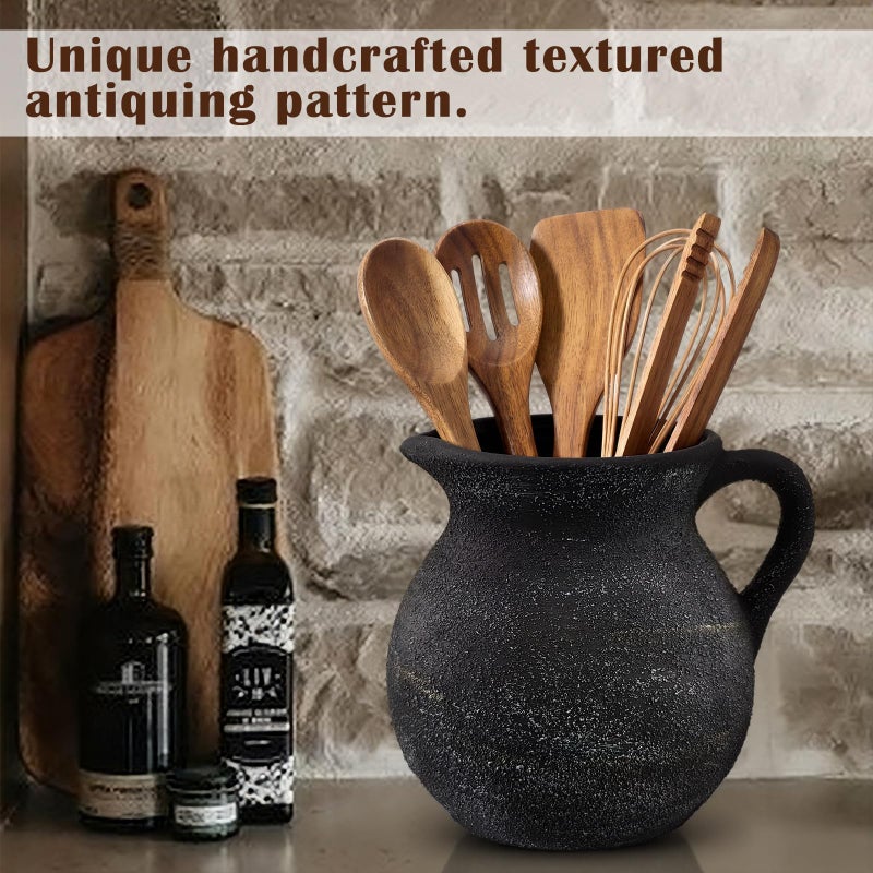 Potchen Rustic Kitchen Utensil Holder with Handle,7.48" H Ceramic Vintage Utensil Crock for Countertop, Farmhouse Kitchen Decoration Ceramic Pot for Spatulas Spoons Tongs(Classic,Antique Black Gold) - Image 4