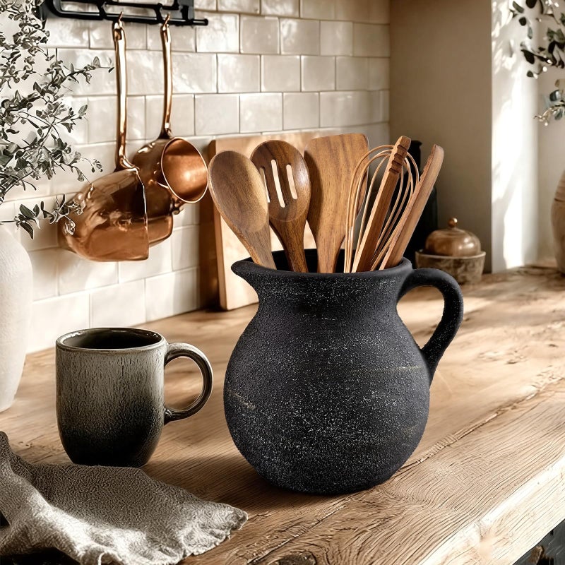 Potchen Rustic Kitchen Utensil Holder with Handle,7.48" H Ceramic Vintage Utensil Crock for Countertop, Farmhouse Kitchen Decoration Ceramic Pot for Spatulas Spoons Tongs(Classic,Antique Black Gold) - Image 5
