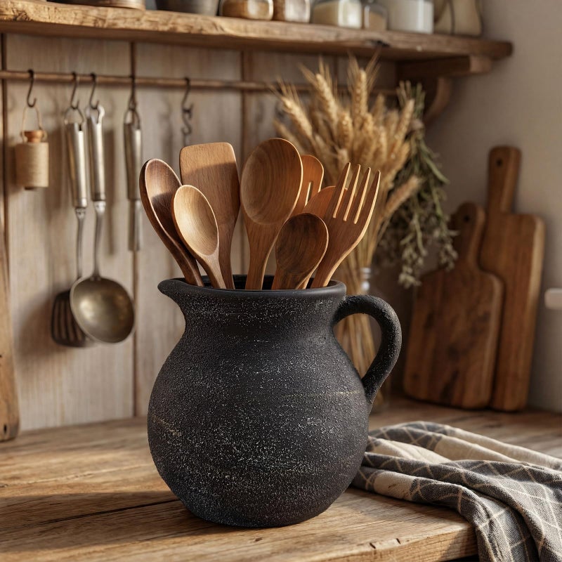 Potchen Rustic Kitchen Utensil Holder with Handle,7.48" H Ceramic Vintage Utensil Crock for Countertop, Farmhouse Kitchen Decoration Ceramic Pot for Spatulas Spoons Tongs(Classic,Antique Black Gold) - Image 1