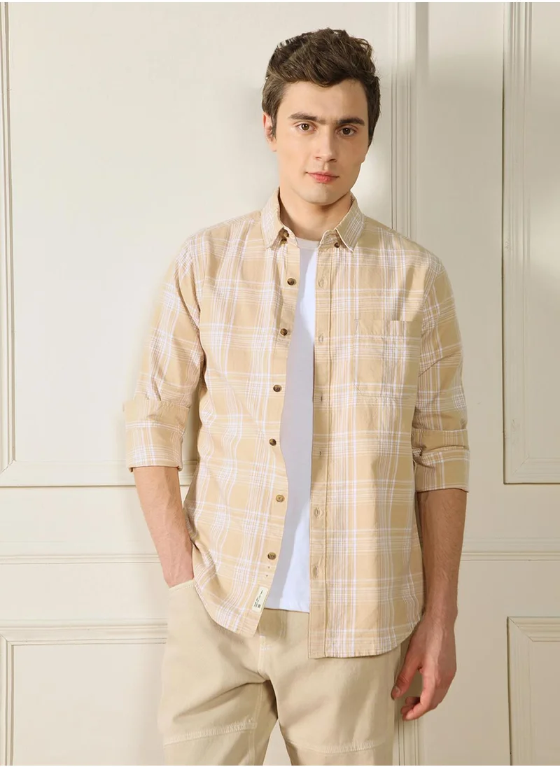 Dennis Lingo Regular Fit Khaki Shirt for Men - 40x40 Twill Checked Fabric, Button Down Collar, Full Sleeves, Casual Look