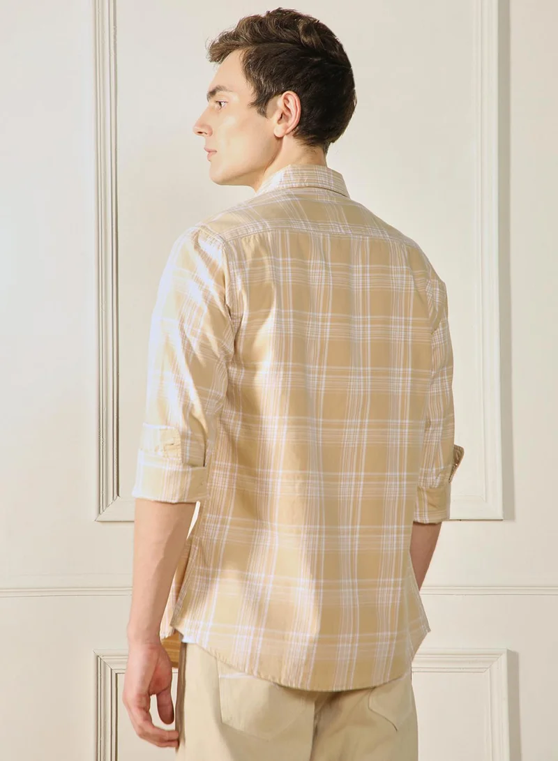 دينيس لينغو Men's Khaki Cotton Blend Checkered Regular FiT-Shirt