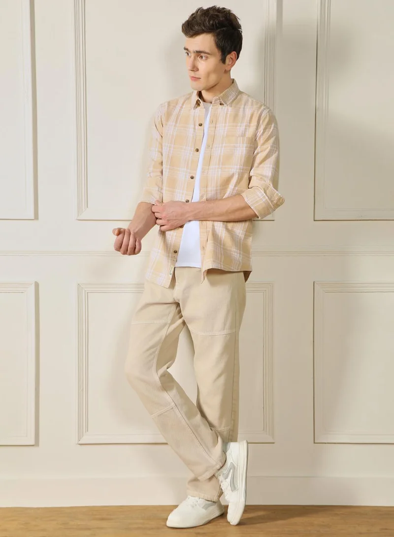 دينيس لينغو Men's Khaki Cotton Blend Checkered Regular FiT-Shirt