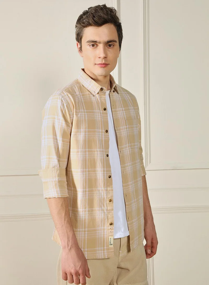 دينيس لينغو Men's Khaki Cotton Blend Checkered Regular FiT-Shirt