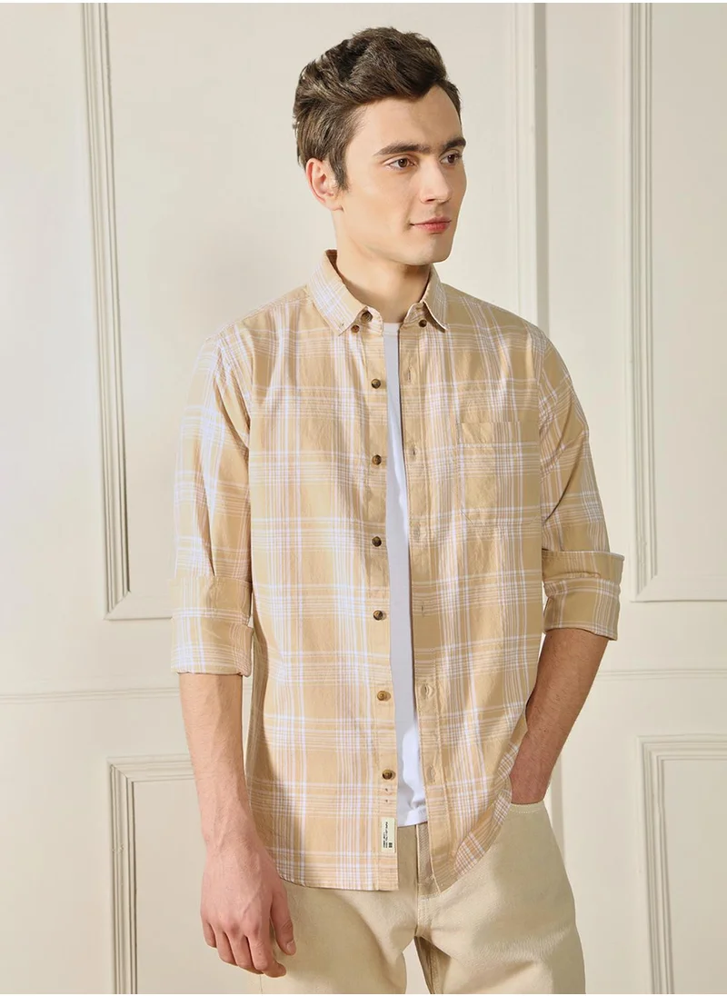 Dennis Lingo Regular Fit Khaki Shirt for Men - 40x40 Twill Checked Fabric, Button Down Collar, Full Sleeves, Casual Look