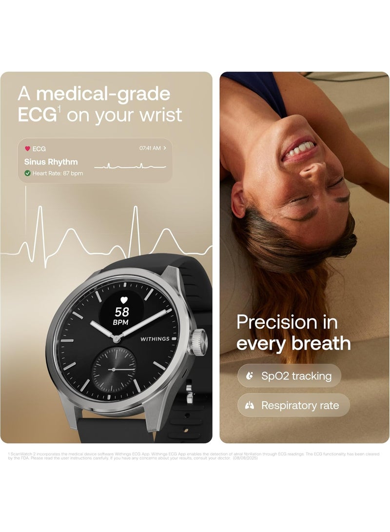 ويذينجز ساعة Withings ScanWatch 2 الذكية – مراقبة صحية متقدمة، تخطيط قلب ECG، قياس الأكسجين (SpO2)، تتبع النوم، بطارية تدوم 30 يوماً، مقاومة للماء – متوافقة مع Android وiOS - Image 4