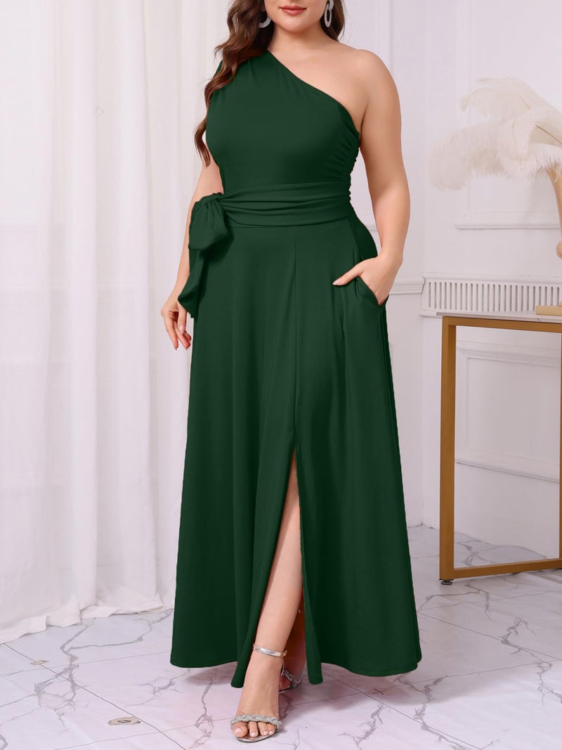 Ekaliy Women's Long Formal Dress One Shoulder Sleeveless Belted Wedding Guest Maxi Dresses Green XL - Image 4