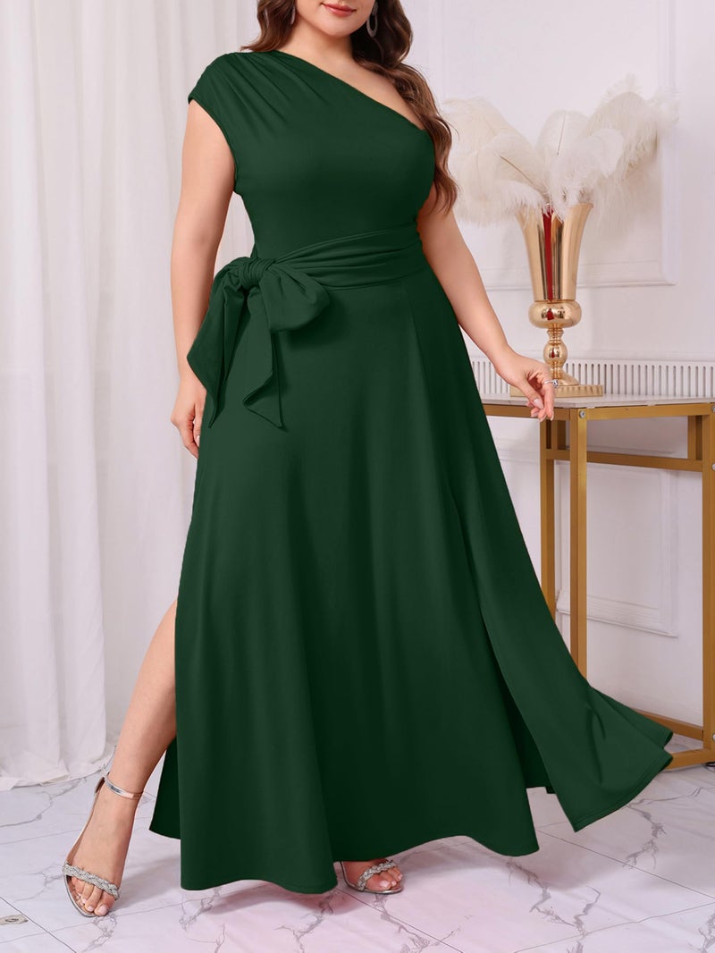 Ekaliy Women's Long Formal Dress One Shoulder Sleeveless Belted Wedding Guest Maxi Dresses Green XL - Image 5