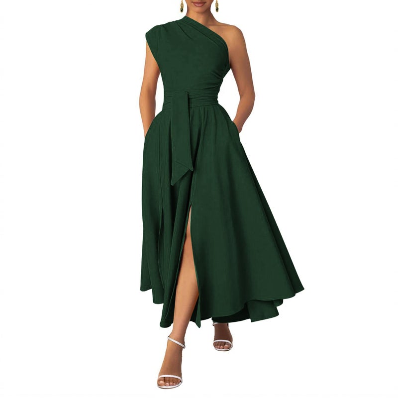 Ekaliy Women's Long Formal Dress One Shoulder Sleeveless Belted Wedding Guest Maxi Dresses Green XL - Image 1