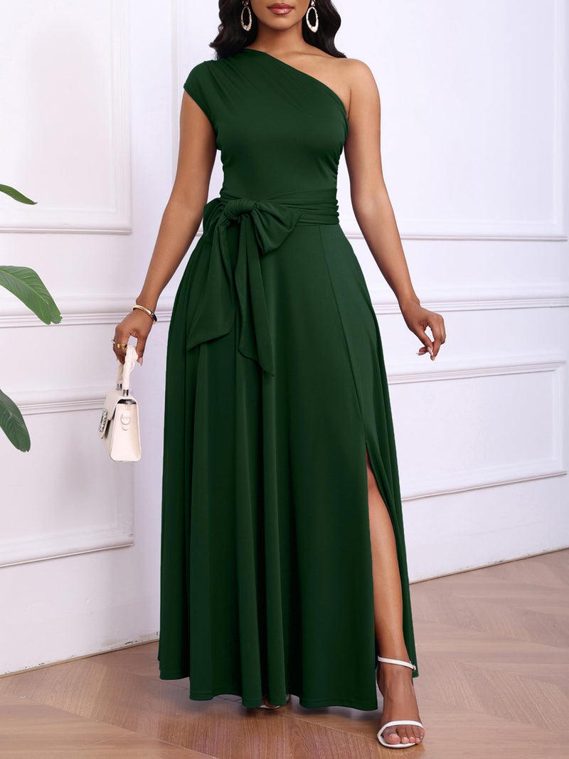 Ekaliy Women's Long Formal Dress One Shoulder Sleeveless Belted Wedding Guest Maxi Dresses Green XL - Image 2