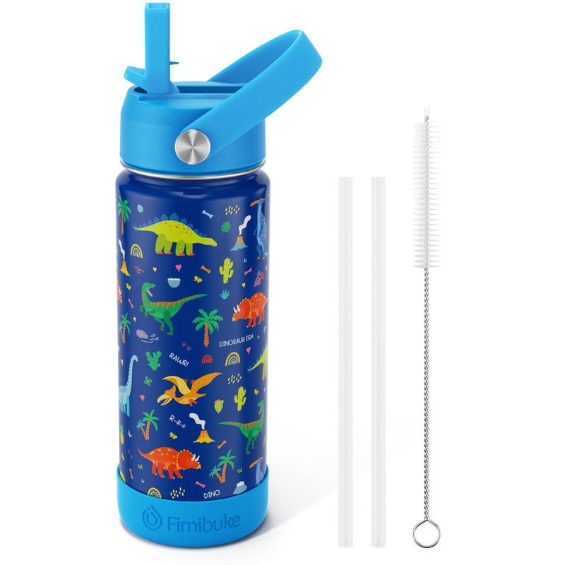 Fimibuke Kids Insulated Water Bottle, 18oz BPA FREE 18/8 Stainless Steel Kid Cup with Straw Travel Tumbler Double Wall Vacuum Leak Proof Toddler Water Bottle for School Boy Girl(1 Pack,Blue Dinosaur) - Image 1