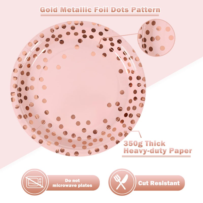 CENLBJ Pink and Rose Gold Paper Plates- 100 Pack- 50 x 7 Dessert Plates & 50 x 6.5 Napkins  Pink Paper Plate and Napkins Party Supplies for Baby Showers  Birthdays and All Occasions - Image 3
