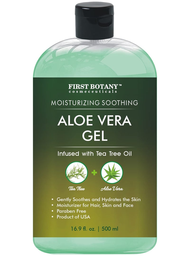 First Botany, Aloe Vera Gel from 100 Percent Pure Aloe Infused with Tea Tree Oil - Natural Raw Moisturizer for Hand Sanitizing Gel, Skin Care, Hair Care, Sunburn, Acne & Eczema -16.9 fl oz | 500 ml - Image 1