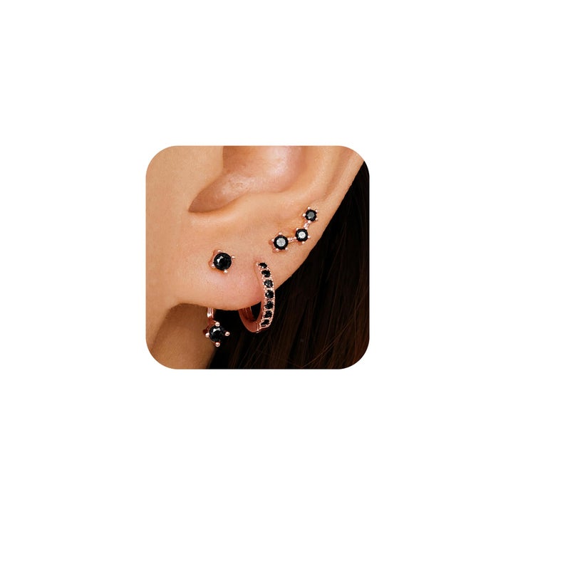 Rose Gold Black Earrings for Women Rose Gold Stud Huggie Hoop Jacket Earring Set for Multiple Piercing Trendy Jewelry Gifts
