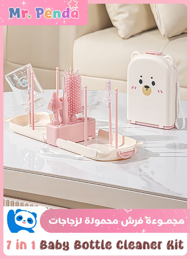 Mr. Penda Portable Baby Bottle Brush Set - 7 in 1 Baby Bottle Cleaner Kit, Baby Travel Essential Bottle Washing Kit with Silicone Bottle Brush, Nipple Brush, Straw Brush, Drying Rack for Home and Travel (Pink Bear) - Image 1
