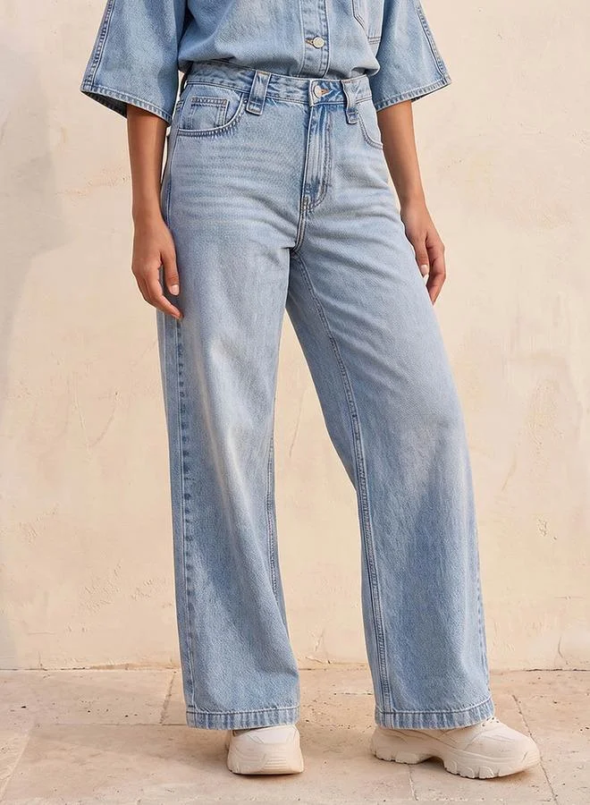 Denim Wide Leg Buttoned Waist Cotton Jeans