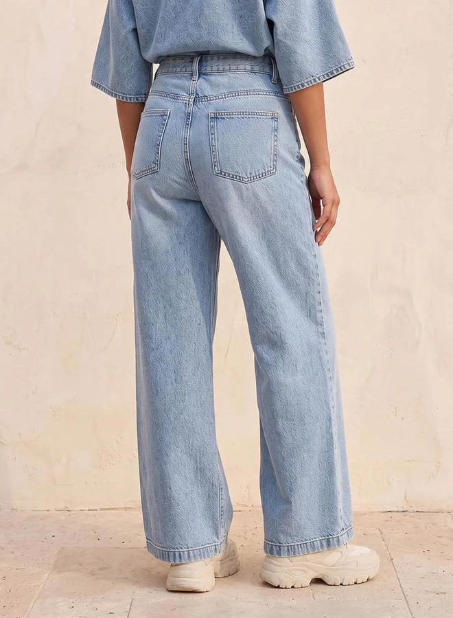 Splash FAV BLUE Denim Wide Leg Buttoned Waist Cotton Jeans for Women | Best Price UAE