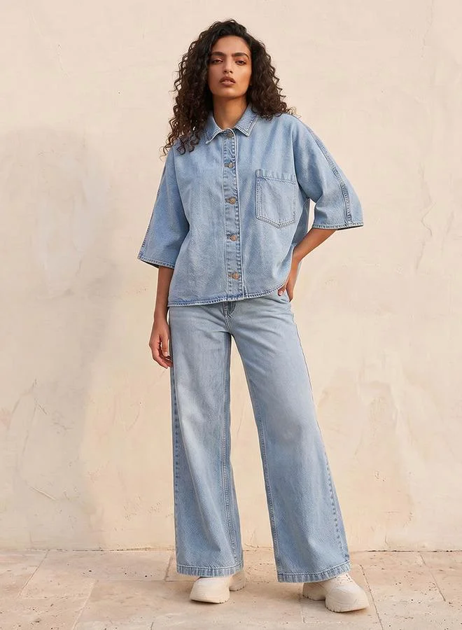Splash FAV BLUE Denim Wide Leg Buttoned Waist Cotton Jeans for Women | Best Price UAE