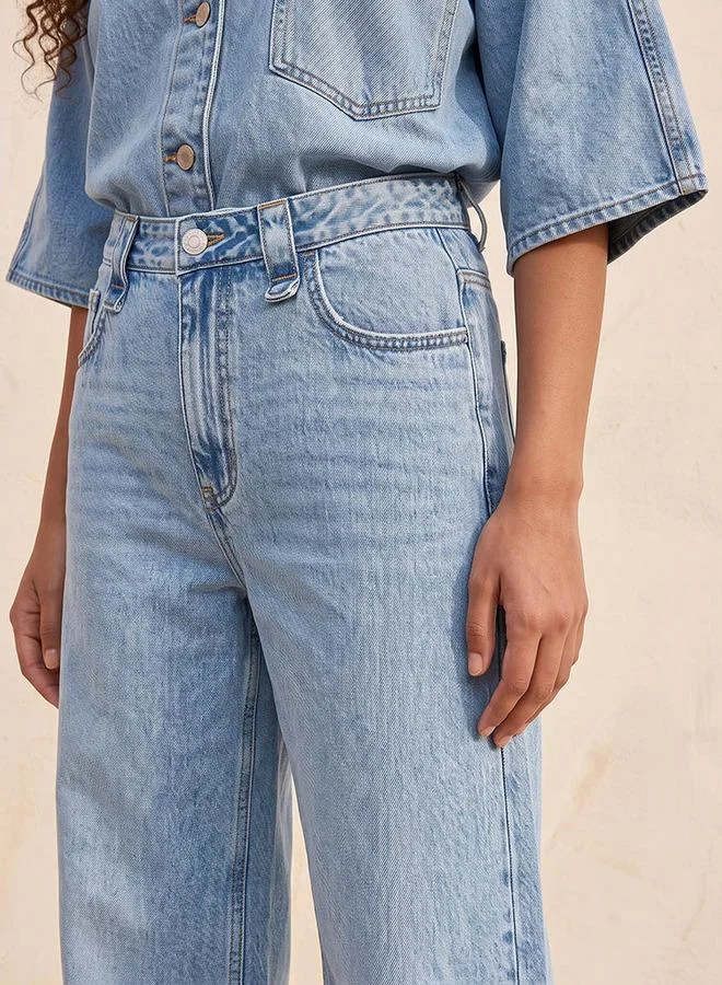 Splash FAV BLUE Denim Wide Leg Buttoned Waist Cotton Jeans for Women | Best Price UAE