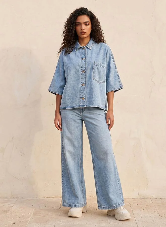 Splash FAV BLUE Denim Wide Leg Buttoned Waist Cotton Jeans for Women | Best Price UAE