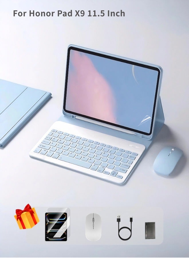 Keyboard Case For Honor Pad X9 11.5 Inch, Case With Detachable Bluetooth Keyboard, Honor Tablet Cover With Built-In Pen Slot / Anti-Fall / Shockproof / Smart Wake And Sleep, Keyboard Cover AED 49 Gift Set Screen Protector - Sky Blue - Image 1