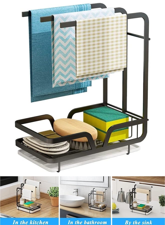 TAPIT Kitchen Sponge Holder with Dishcloth Drying Rack Kitchen Sink Caddy Organizer with Drain Pan - Kitchen Rag Stand for Kitchen Dish Supplies Sink Plug Rags Brush Wall-mount Countertop Black - Image 1