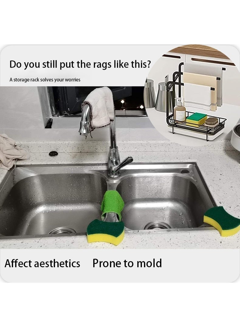 TAPIT Kitchen Sponge Holder with Dishcloth Drying Rack Kitchen Sink Caddy Organizer with Drain Pan - Kitchen Rag Stand for Kitchen Dish Supplies Sink Plug Rags Brush Wall-mount Countertop Black - Image 2