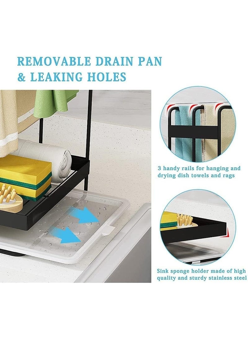 TAPIT Kitchen Sponge Holder with Dishcloth Drying Rack Kitchen Sink Caddy Organizer with Drain Pan - Kitchen Rag Stand for Kitchen Dish Supplies Sink Plug Rags Brush Wall-mount Countertop Black - Image 4