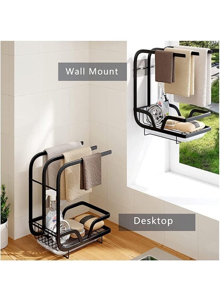 TAPIT Kitchen Sponge Holder with Dishcloth Drying Rack Kitchen Sink Caddy Organizer with Drain Pan - Kitchen Rag Stand for Kitchen Dish Supplies Sink Plug Rags Brush Wall-mount Countertop Black - Image 3