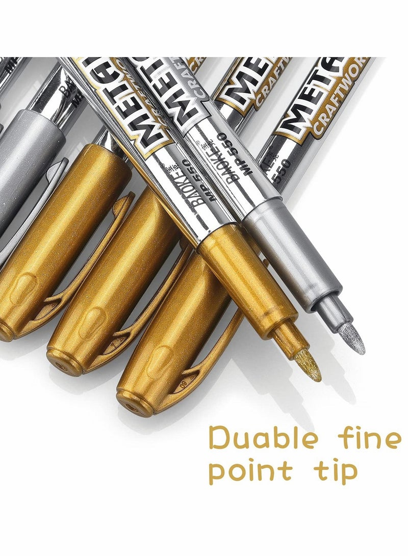 SYOSI أقلام تحديد الطلاء المعدنية، أقلام تحديد دائمة معدنية ذهبية وفضية، أقلام رسم، 6 أقلام تحديد طلاء معدنية، 3 ذهبية و3 فضية - Image 2