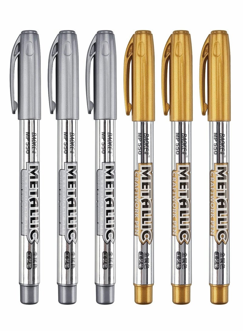 SYOSI أقلام تحديد الطلاء المعدنية، أقلام تحديد دائمة معدنية ذهبية وفضية، أقلام رسم، 6 أقلام تحديد طلاء معدنية، 3 ذهبية و3 فضية - Image 1