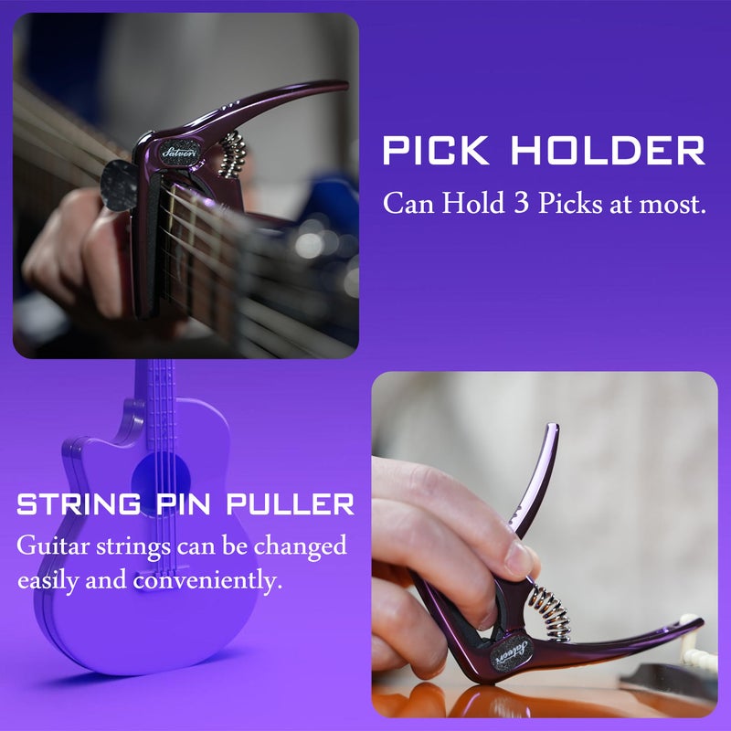 Salvori Salvori Exclusive Gradient â€˜Royal Silkâ€™ Purple Heavy-Duty Guitar Capo for Acoustic/Electric Guitar with 4 Picks, Guitar Clip/Guitar Clamp - Image 4