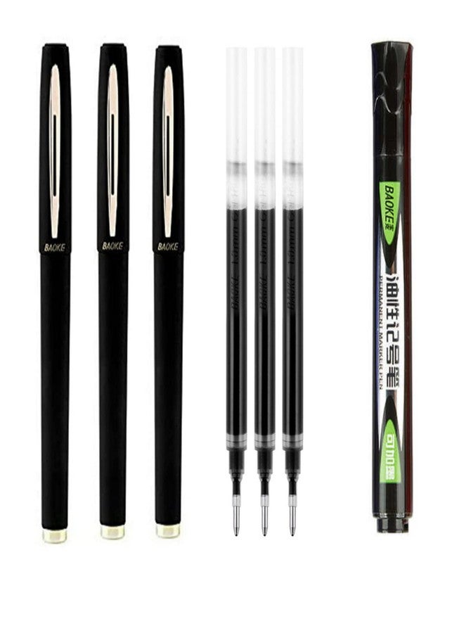 PETALUMA Baoke 1.0mm Smooth Black Gel ink Pens set of 3 + Free 3pcs 1.0mm Black refills & 1Pcs Black Permanent Marker Combo pack of 7 - Image 1