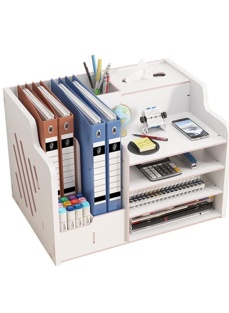 Relex Wooden Desk Organiser, Large Capacity Desk Tidy Storage Holder Sorter DIY Office Supplies Storage Box for A4 Papers, Books, Document and Notebook  - Image 1