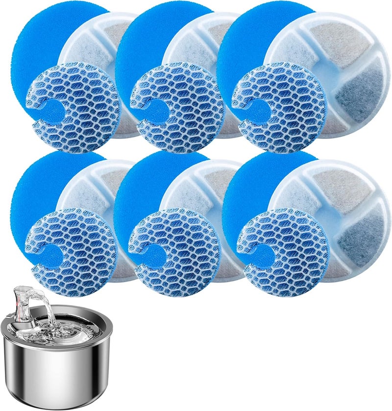 Stainless Cat Water Fountain Filters 6 Pack Filter Replacement, 3 Triple Filtration System, Activated Carbon for Automatic Pet Filter, Rcwff6, Steel, 2L, 67oz - Image 1