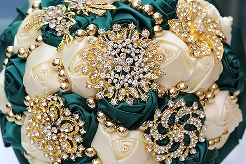 Gkvszy Emerald Green and Ivory Bridal Wedding Bouquet with Gold Brooch Rhinestone Pearl Satin Rose Flower Bouquet for Bride Bridesmaid Quinceanera Wedding Emerald Green and Ivory 7.1in - Image 4