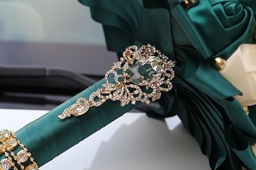 Gkvszy Emerald Green and Ivory Bridal Wedding Bouquet with Gold Brooch Rhinestone Pearl Satin Rose Flower Bouquet for Bride Bridesmaid Quinceanera Wedding Emerald Green and Ivory 7.1in - Image 3