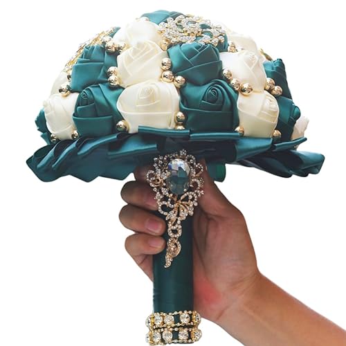 Gkvszy Emerald Green and Ivory Bridal Wedding Bouquet with Gold Brooch Rhinestone Pearl Satin Rose Flower Bouquet for Bride Bridesmaid Quinceanera Wedding Emerald Green and Ivory 7.1in - Image 2