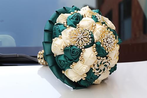Gkvszy Emerald Green and Ivory Bridal Wedding Bouquet with Gold Brooch Rhinestone Pearl Satin Rose Flower Bouquet for Bride Bridesmaid Quinceanera Wedding Emerald Green and Ivory 7.1in - Image 5