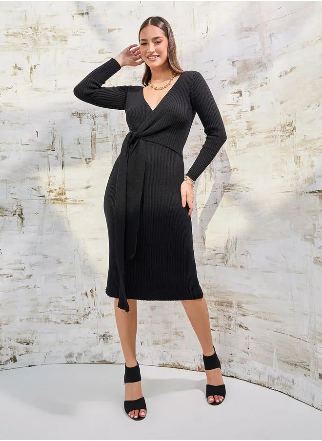 ستايلي Wrap Front Chunky Knit Sweater Midi Dress