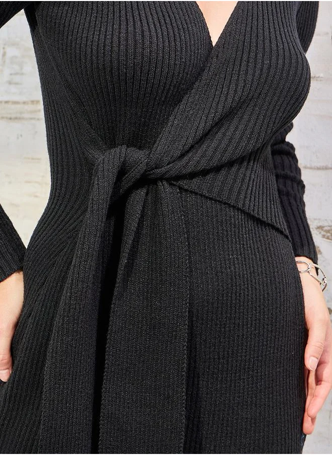 ستايلي Wrap Front Chunky Knit Sweater Midi Dress