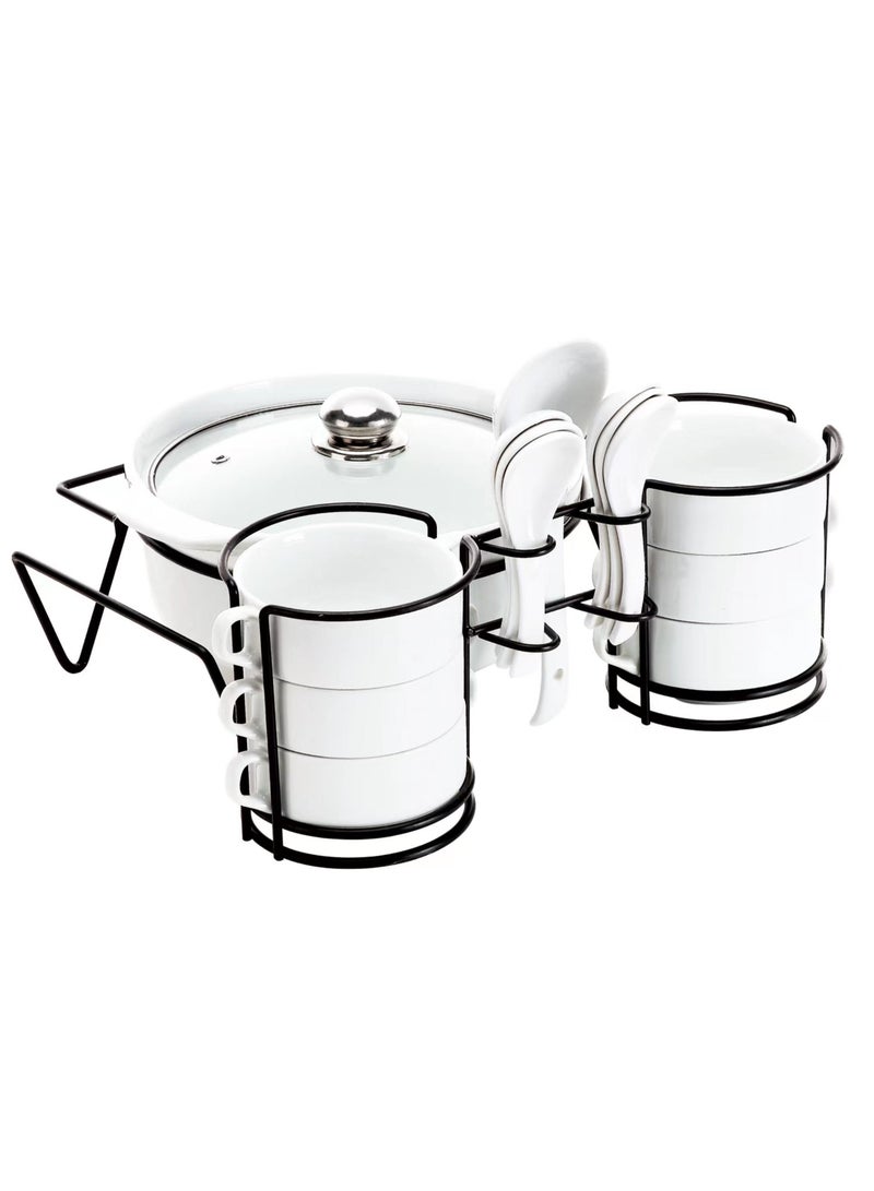 Shallow White soup set with Golden Metal Stand 15 pieces set - Image 1
