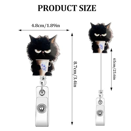ASABITE Black Cat Badge Reel Cute Animal Badge Reels Retractable - 360° Rotating ID Card Holder with Alligator Clip, Acrylic Retractable Badge Holder, Funny Black Cat Badge Clip for Nurse Doctor Office Worker - Image 2
