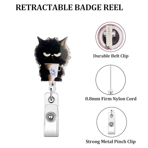 ASABITE Black Cat Badge Reel Cute Animal Badge Reels Retractable - 360° Rotating ID Card Holder with Alligator Clip, Acrylic Retractable Badge Holder, Funny Black Cat Badge Clip for Nurse Doctor Office Worker - Image 3