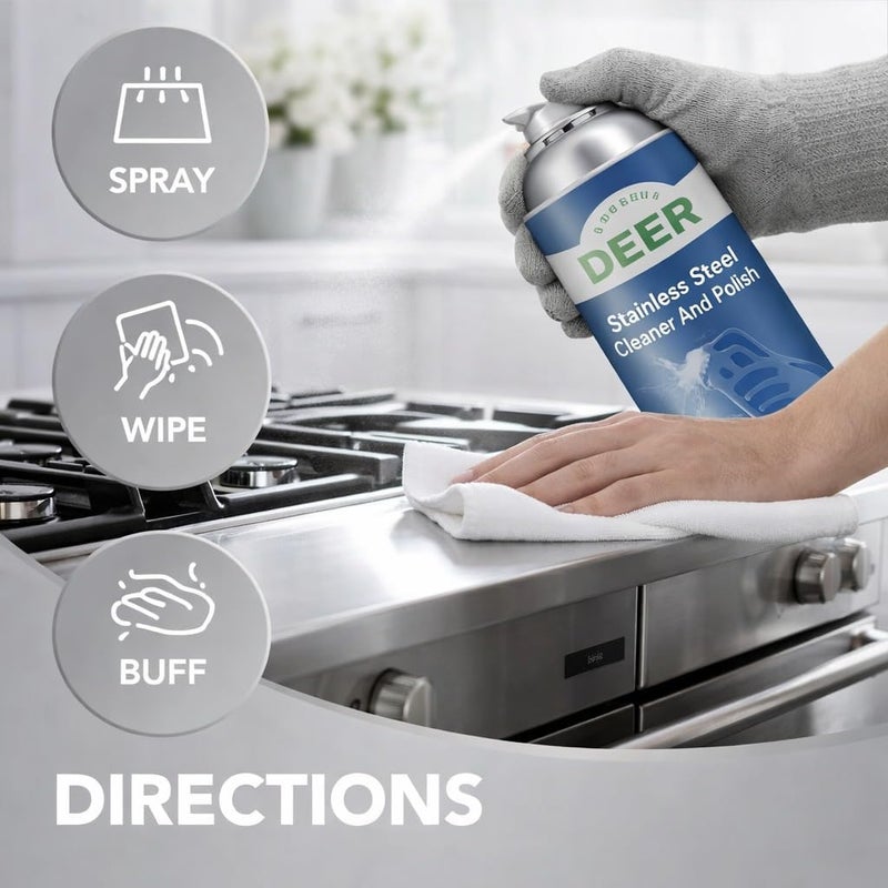 DEER Stainless Steel Cleaner Spray 400ml - Streak-Free Shine & Fingerprint Removal for Kitchen Appliances - Image 2