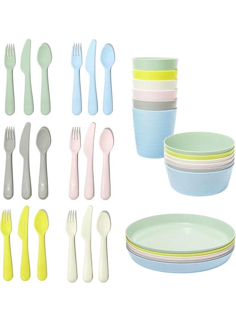 أيكيا طقم أدوات مائدة بلاستيك ملون للأطفال والكبار 6 ألوان مختلفة أكواب صحون سلطانيات، ملاعق شوك وسكاكين - Image 1